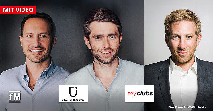 Moritz Kreppel (links) und Benjamin Roth (Bildmitte), die Co-Founder und CEOs von Urban Sports Club, und Tobias Homberger, Founder und CEO von myClubs, verkünden die strategische Übernahme von myClubs durch Urban Sports Club. Die Fusion schafft das erste Full-Service-Fitnessangebot für die gesamte DACH-Region und stärkt die Position beider Unternehmen auf dem europäischen Fitnessmarkt.