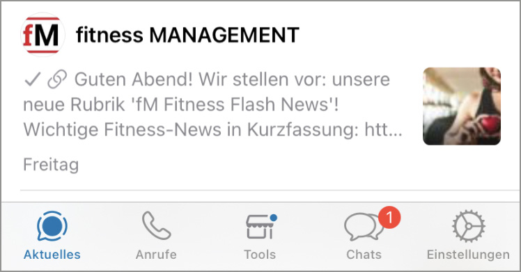 Der fitness MANAGEMENT WhatsApp-Kanal unter 'Aktuelles'