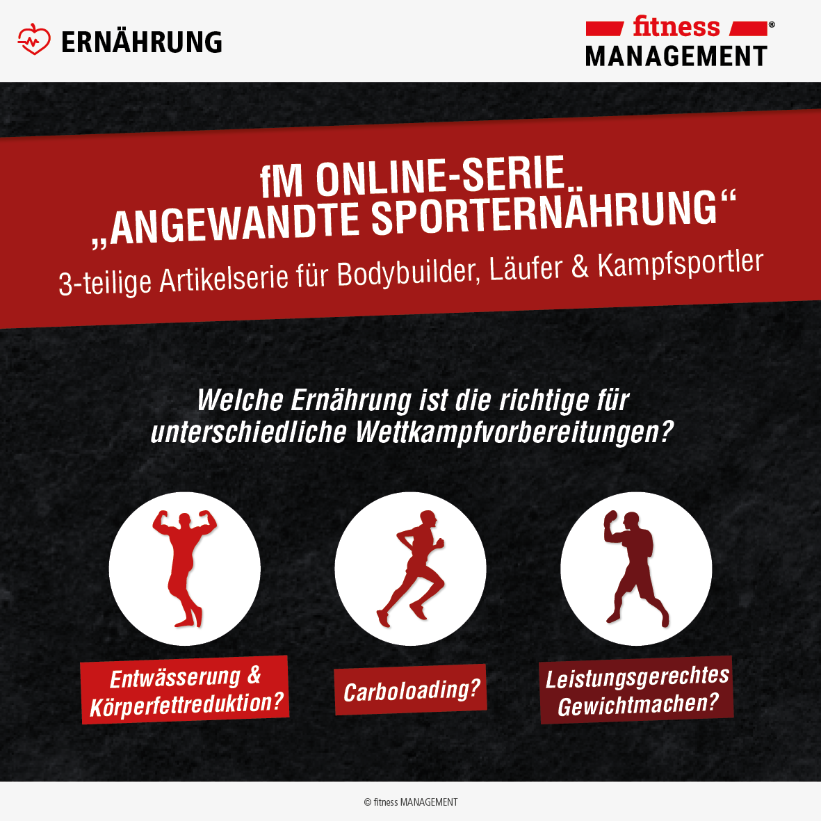 Dreiteilige Artikelserie mit sportartspezifischen Besonderheiten der Sporternährung für Bodybuilder, Marathonläufer und Kampfsportler.