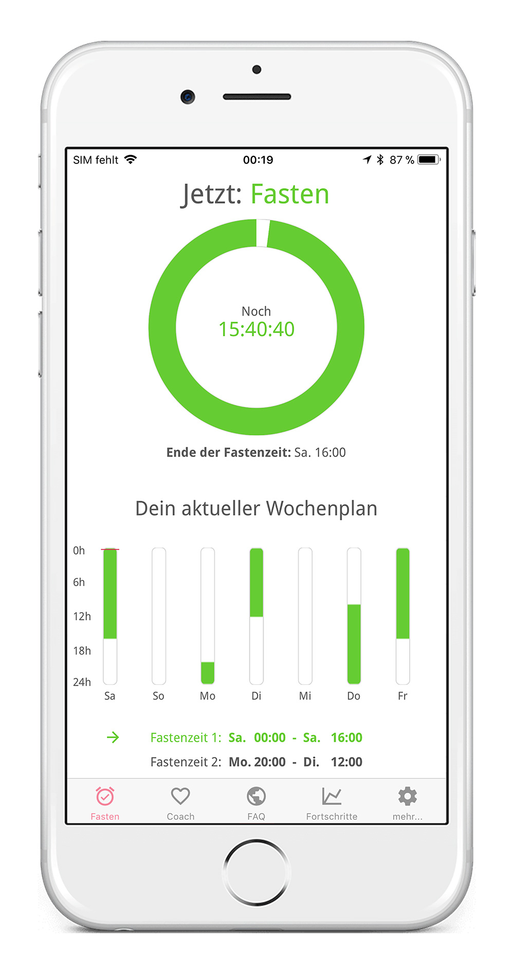 Der Wochenplan zeigt genau, in welcher Phase sich der Nutzer gerade befindet: Fasten oder Essen.