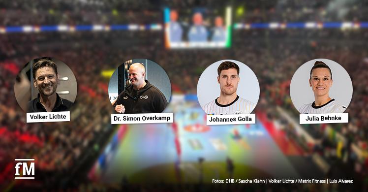 Im Interview mit (von links) Volker Lichte, Dr. Simon Overkamp, Johannes Golla und Julia Behnke beleuchten die Herausforderungen des Athletik- und Krafttrainings für Handballspieler im Olympiajahr 2024.