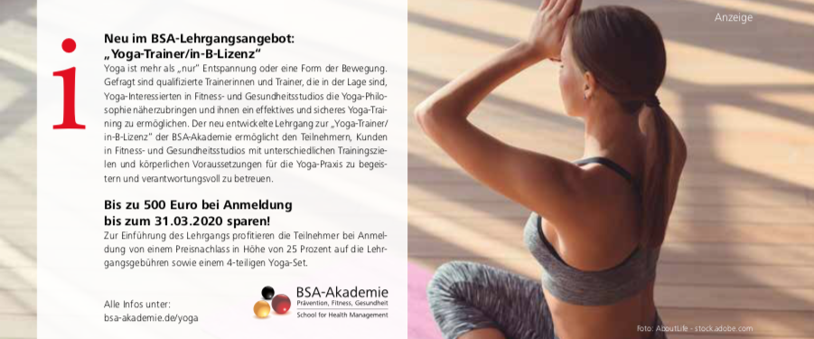 Neuer Lehrgang an der BSA-Akademie: Jetzt B-Lizenz als Yoga-Trainer/in erwerben und 500 Euro sparen.