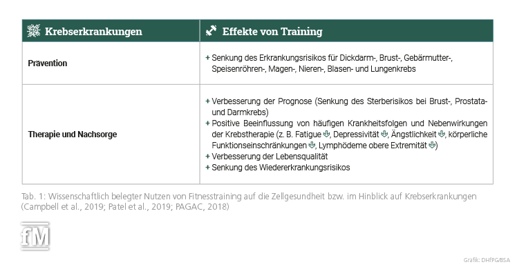 Tab. 1: Wissenschaftlich belegter Nutzen von Fitnesstraining auf die Zellgesundheit bzw. im Hinblick auf Krebserkrankungen (Campbell et al., 2019; Patel et al., 2019; PAGAC, 2018)