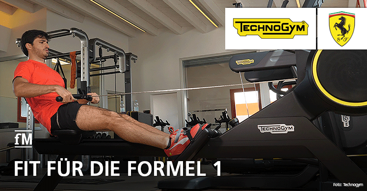 Formel 1-Fahrer Carlos Sainz junior trainiert auf dem SKILLROW: Der italienische Gerätehersteller Technogym verkündet neue Partnerschaft mit Scuderia Ferrari.