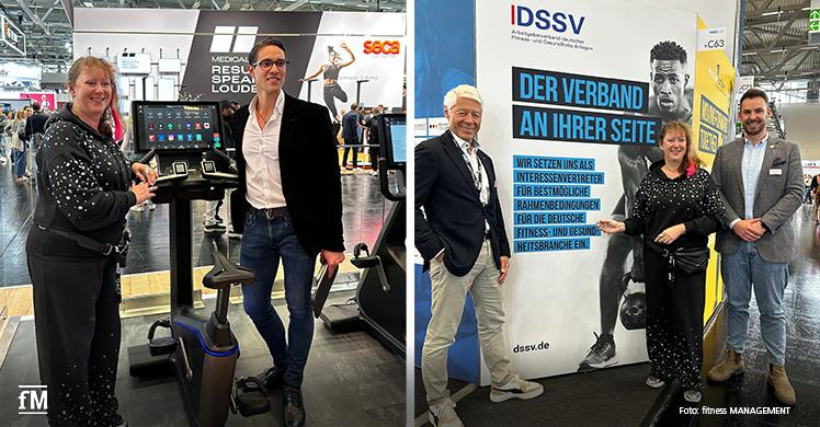 FIBO 2024: NRW-Staatssekretärin Sport und Ehrenamt Andrea Milz mit Jürgen Aschauer (Business Development Director Johnson Health Tech GmbH) am Matrix-Stand (linkes Bild) und mit DSSV-Präsident Thomas Wessinghage und fM-Geschäftsführer Janosch Marx am DSSV-Stand