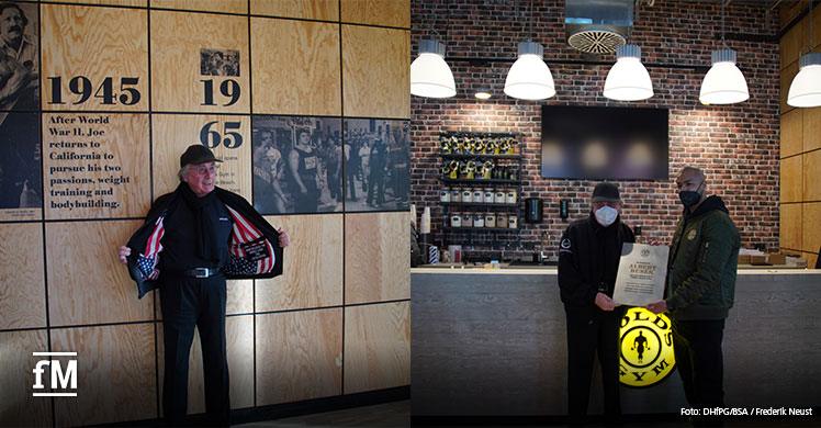 Einer darf beim Grand Opening des Gold's Gym München nich fehlen: Albert Busek. Amir Chahbani (rechtes Bild) überreicht ihm eine Urkunde für dessen unermüdlichen Einsatz für die Branche.