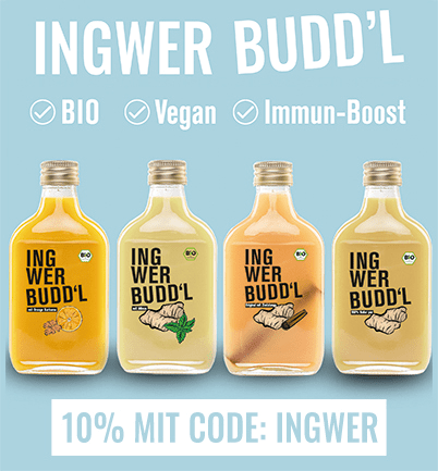 Ingwer Budd'l: Gesunde Bio Ingwershots als Immun-Boost, 10% Rabatt-Code | 100% BIO | Vegan | Bis zu 50 Ingwershots in einer Flasche | Natürliche Inhaltsstoffe | Kein zugesetzter Zucker | Ordentlich scharf Sie ist in vier Variationen erhältlich: Ingwer-Apfel-Zimt, Ingwer-Orange-Kurkuma, Ingwer-Minze und Ingwer-Natur