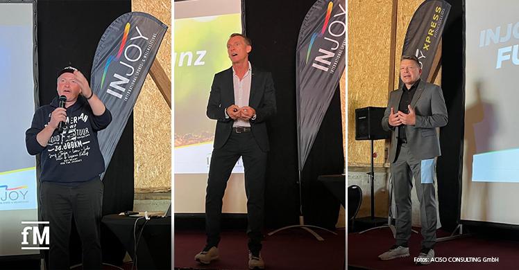 Die Vortragenden beim  INJOY Franchisepartnertreffen 2023 (von links): Markenbotschafter Joey Kelly, Thorsten Kielmann und Alexander Benker (Co-CEO INJOY QUALITY GmbH)