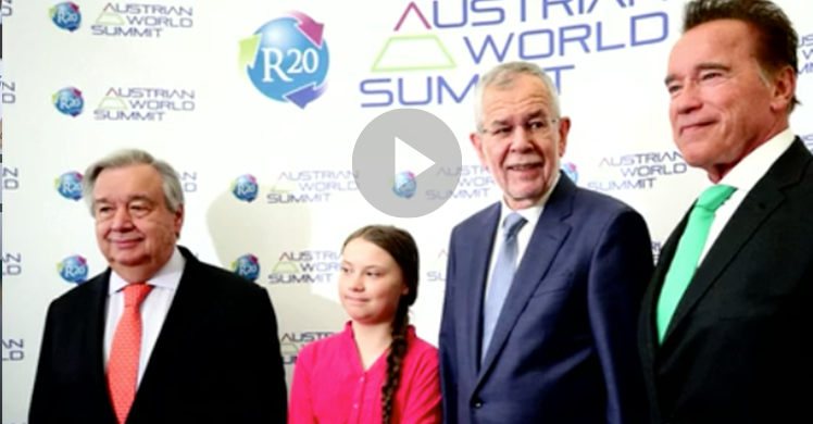 Klimaschutzaktivistin Greta Thunberg und Schauspieler und Fitnessinfluencer Arnold Schwarzenegger rufen beim Austrian World Summit in Wien zum Umdenken auf.