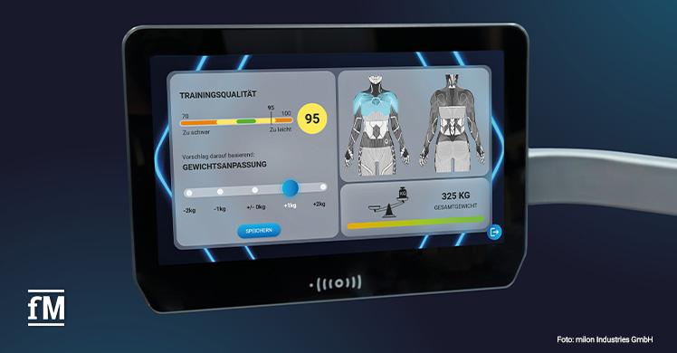 Die innovative Benutzeroberfläche der 'milon Intelligenz' zeigt Trainingsfortschritte und passt das Gewicht automatisch an die Tagesform an