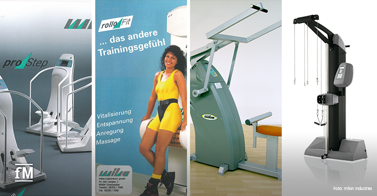 50 Jahre milon industries Geräteinnovationen (von links): 1991 pro Step Control, 1996 rollo Fit, 2000 TrainTec und 2006 Cabletec