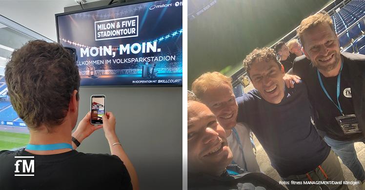 Moin zur milon & five Stadiontour 2022 im Hamburger Volksparkstadion. Mit dabei auch (von rechts): Jürgen Wolff (fitness MANAGEMENT), Wolf Harwarth (Geschäftsführer milon Group), Florian Kündgen (stv. Geschäftsführer DSSV e.V.) und David Köndgen (fM).