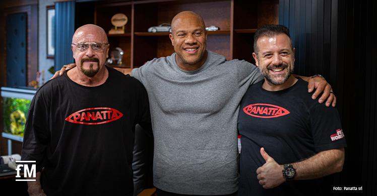 Phil Heath (Mitte) mit Panatta-Eigentümer Rudy Panatta (links)