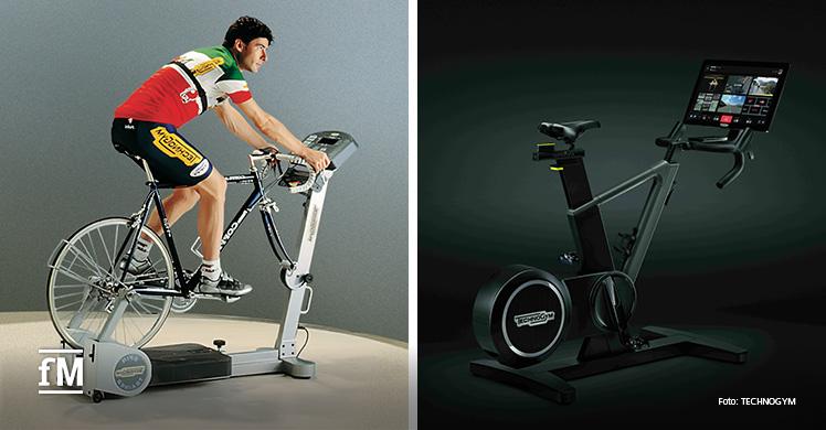 Entwicklung des Ergometer von Technogym: Spintrainer (l., 1990er) bis zum aktuellen Technogym Ride