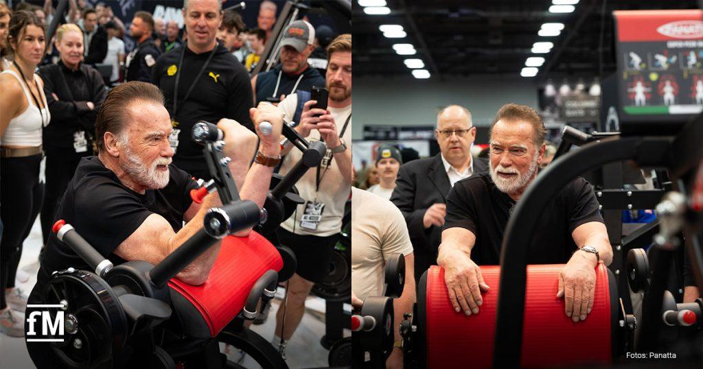 Arnold Schwarzenegger zeigt vollen Einsatz am Panatta-Stand