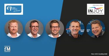 Freude über strategische Partnerschaft (von links):  Daniel Maschke, (Gründer und Entwickler), Burkhard Westermann (Geschäftsführer), Jens Wienöbst (Gründer und Leitung Entwicklung, alle Aidoo Software) und die INJOY QUALITY GmbH Geschäftsführer Thorsten Kielmann und Alexander Benker.